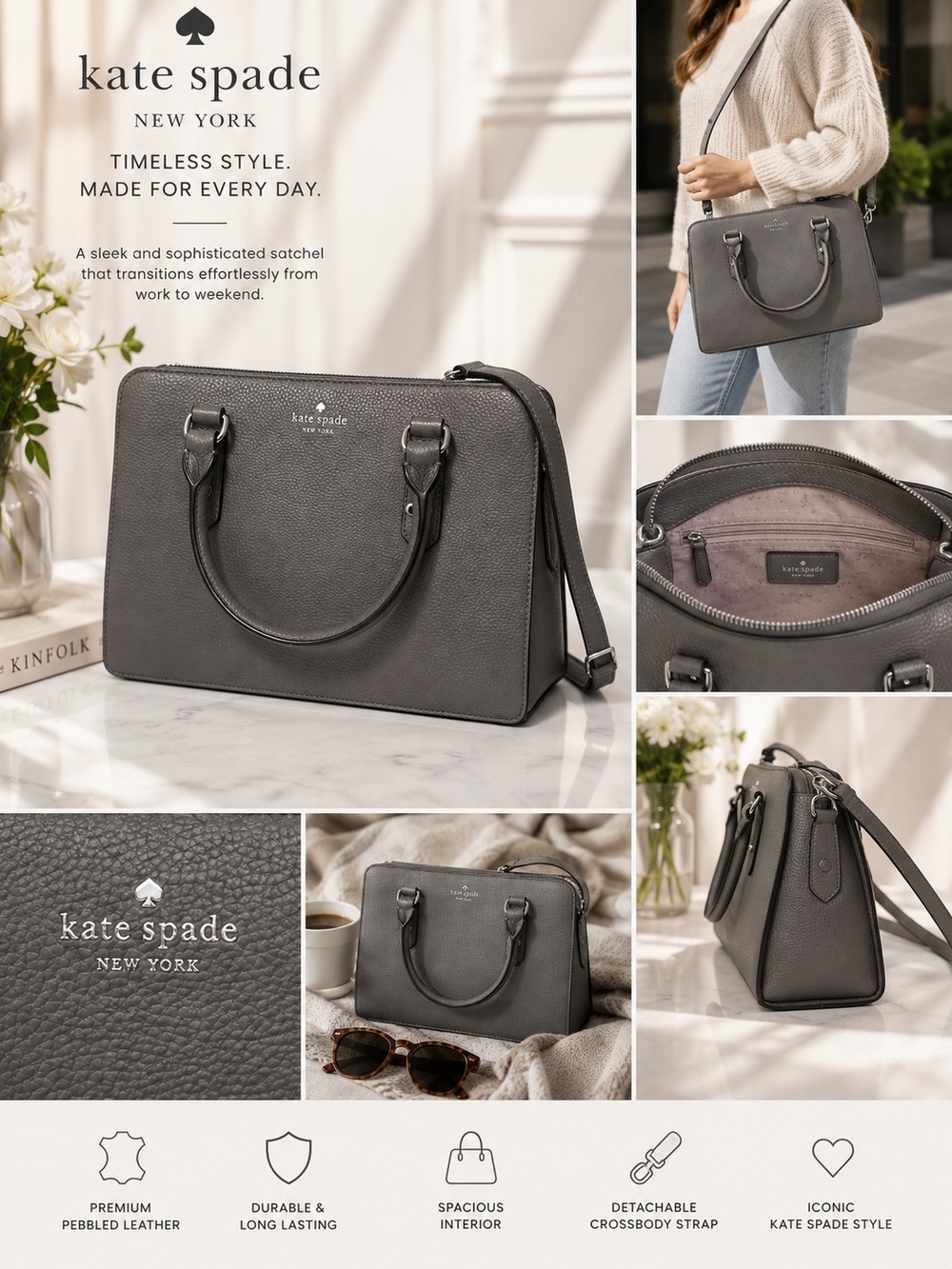 kate spade New York Pebbled Leather Satchel Handbag - Gray